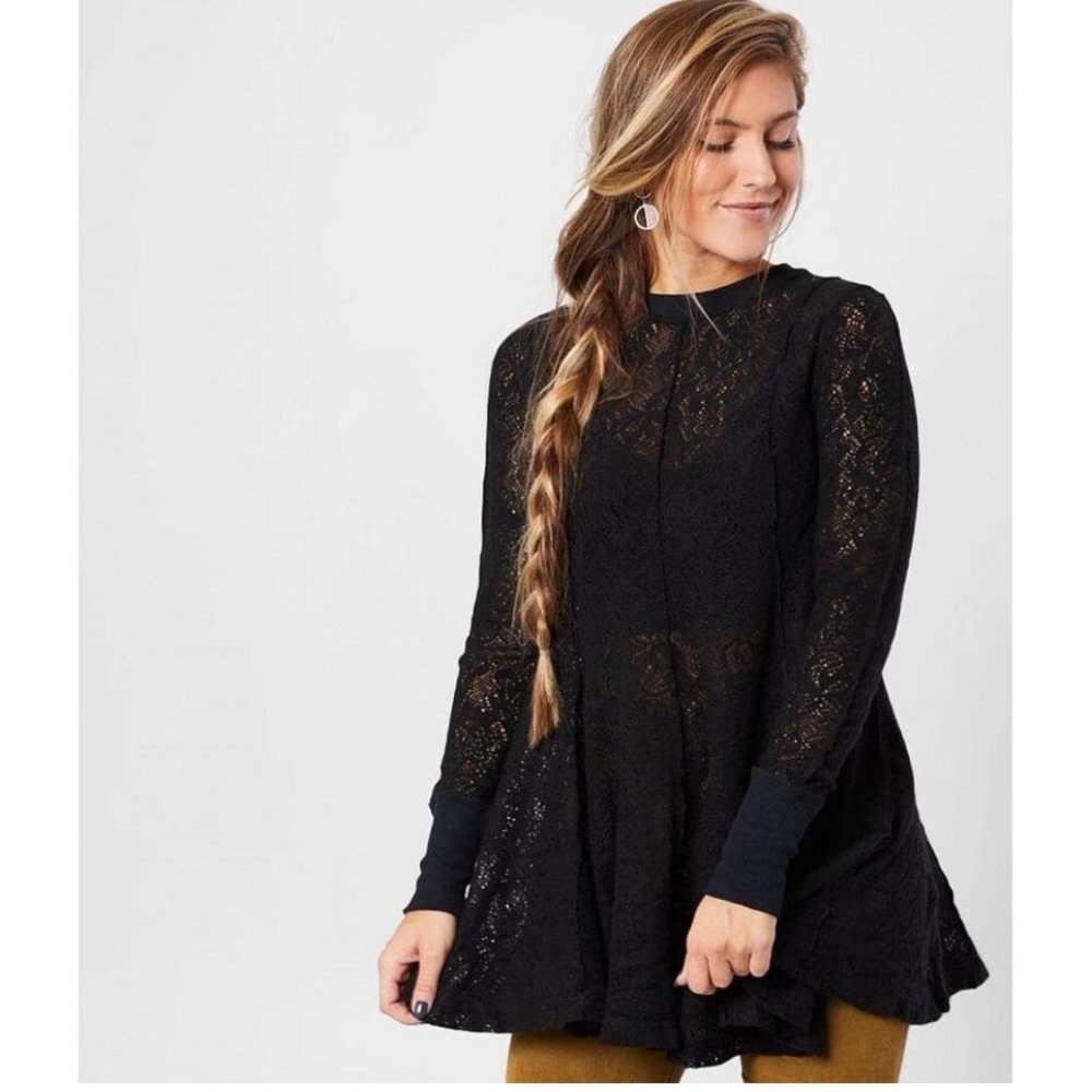 Free People Women's Black Blouse/Tunic Coffee In The Morning Size XS